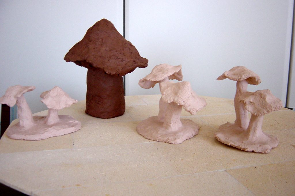 Paddenstoelen Boetseren, handvormen, atelier thuis, biscuit gestookt