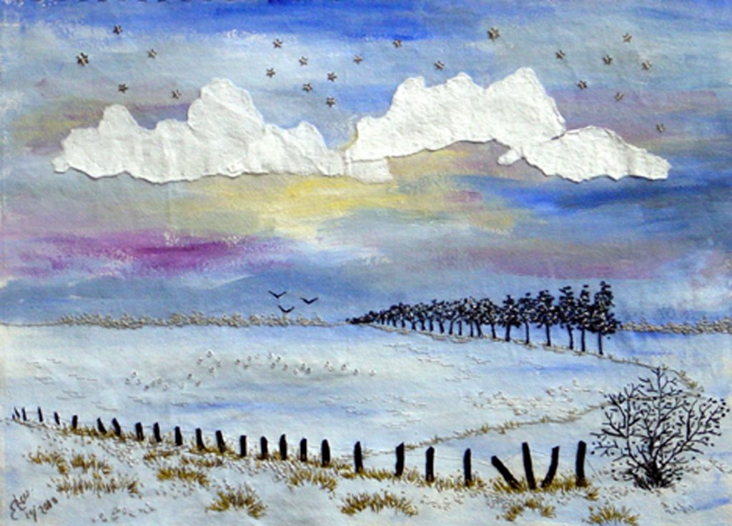 WINTERLANDSCHAP 2 Freestyle. Ondergrond van canvas geprepareerd met Gesso en beschilderd met acrylverf met daarop lapjes, kraaltjes, sterretjes, geschept papier, borduurgaren en naaigaren. Ontwerp: Naar eigen voorbeeld uit een schetsboek.