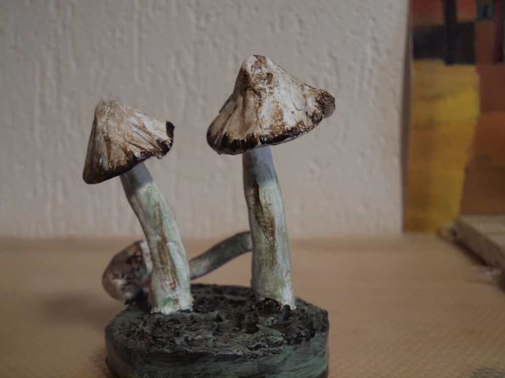 Paddenstoelen, witte klei grove chamotte, gestookt op 1040° C. Bewerkt met verf.